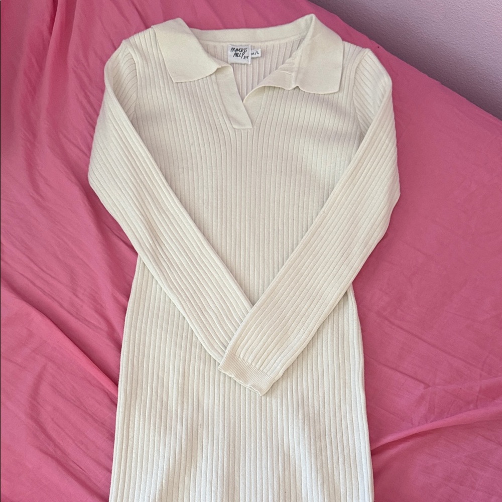 Princess Polly Cream Long Sleeve Ribbed Dress